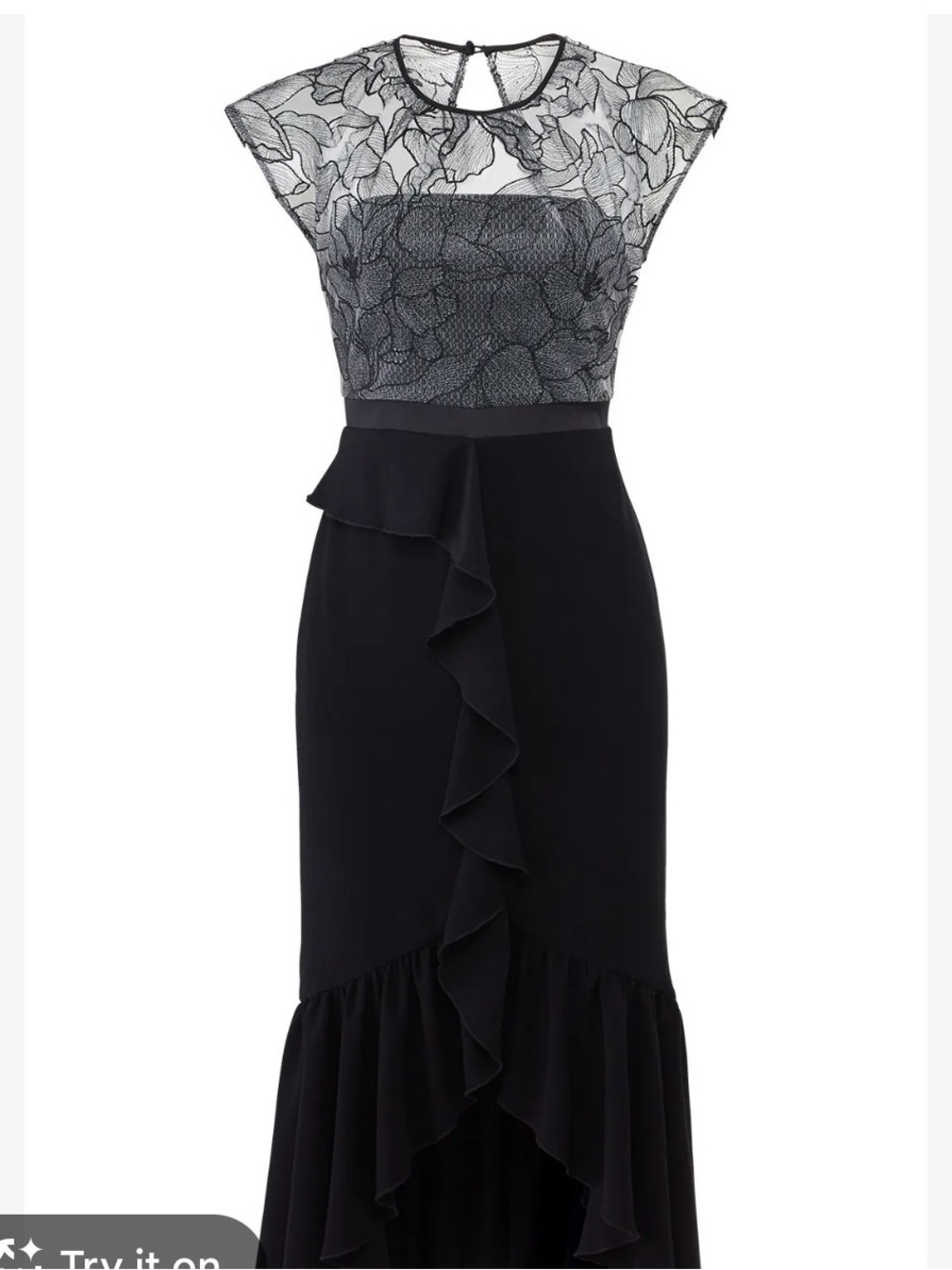 Three Floor Rumi Black Crepe Ruffle Lace Overlay Formal Dress | 4